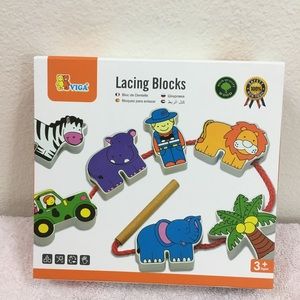 NWT New Viga Toys High Quality Non Toxic Wood Animal Lacing Blocks Montessori 3+